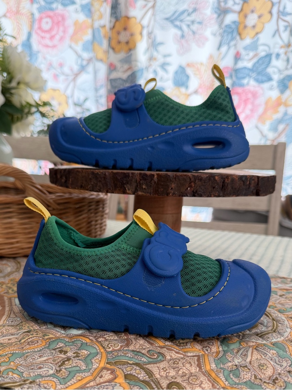CROCS Kids Blue & Green Athletic Water Shoes with Yellow Pull Tabs Size 12